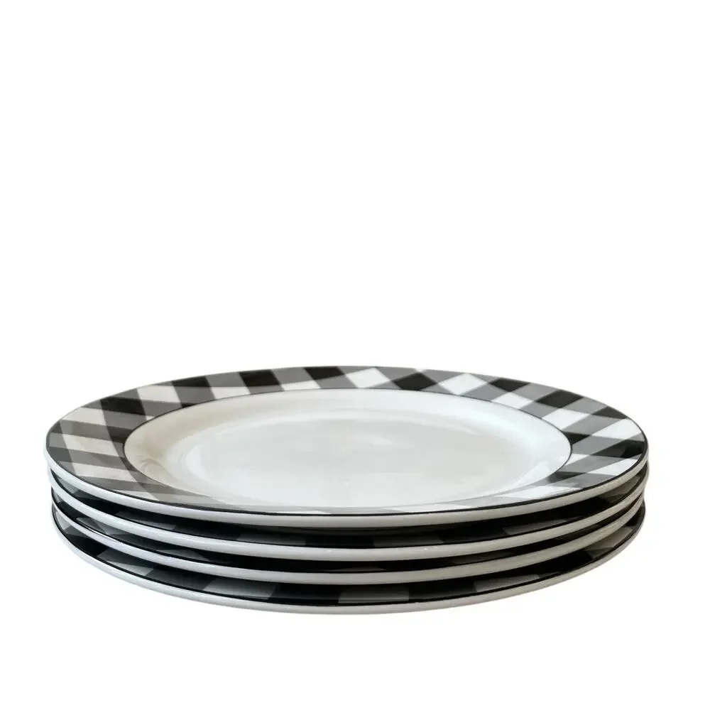 Godinger Black White Checkered Gingham Porcelain Dinner Plates 10.5